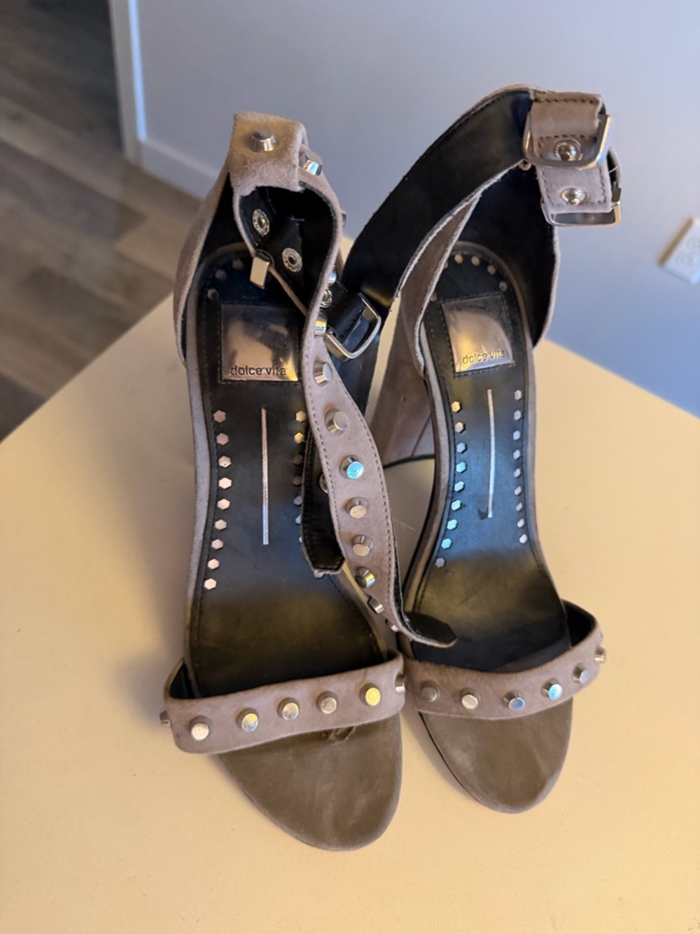 Dolce Vita Taupe Suede Studded Ankle-Strap Heels